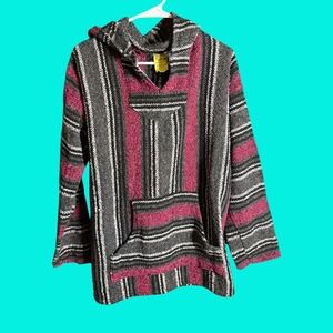 Franks Textiles Mexican Baja Hoodie Pink Grey Striped Pullover‎ Drug Rug Mens L